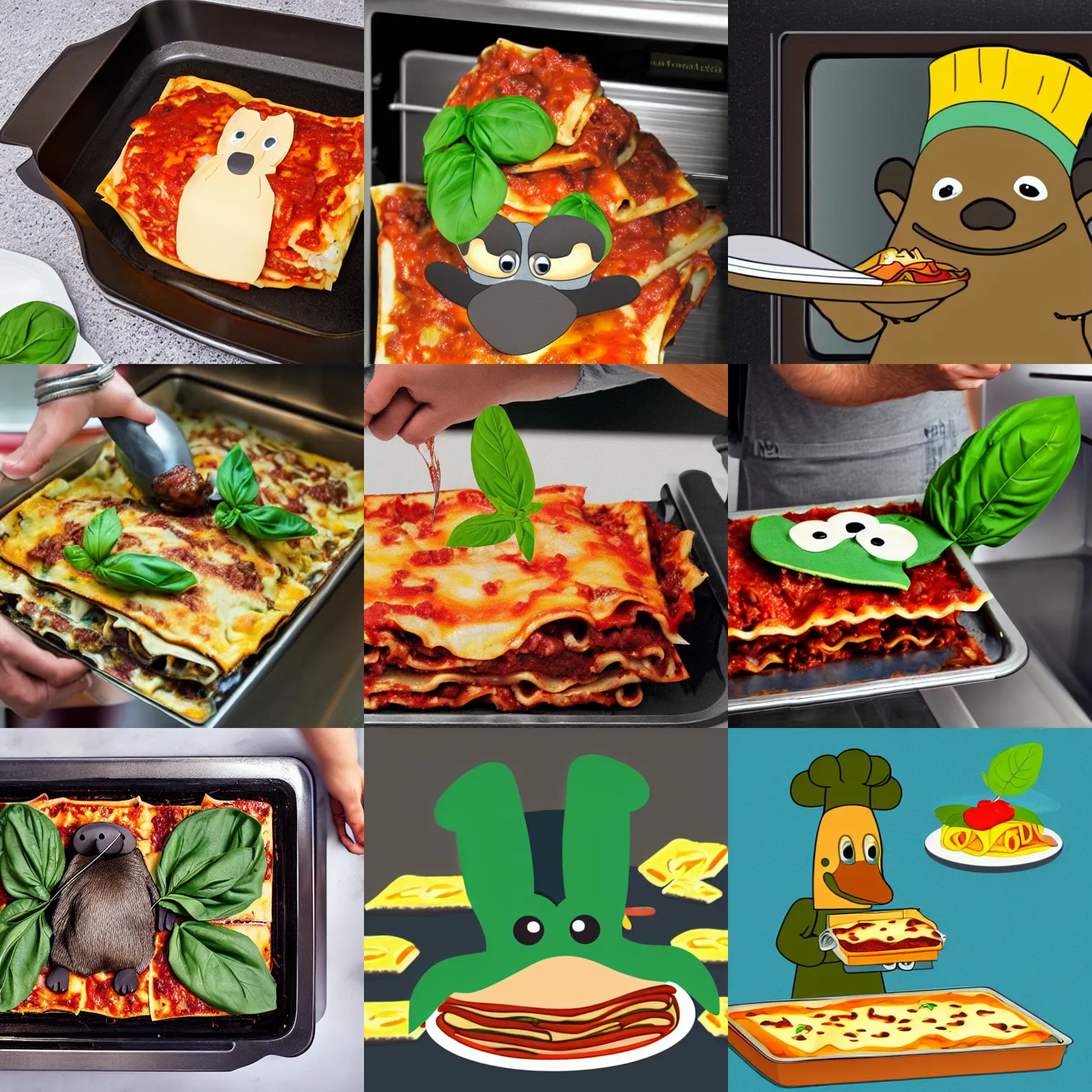 Prompt: platypus wearing a chef hat while holding a lasagna into an oven, with three basil leaves over the lasagna