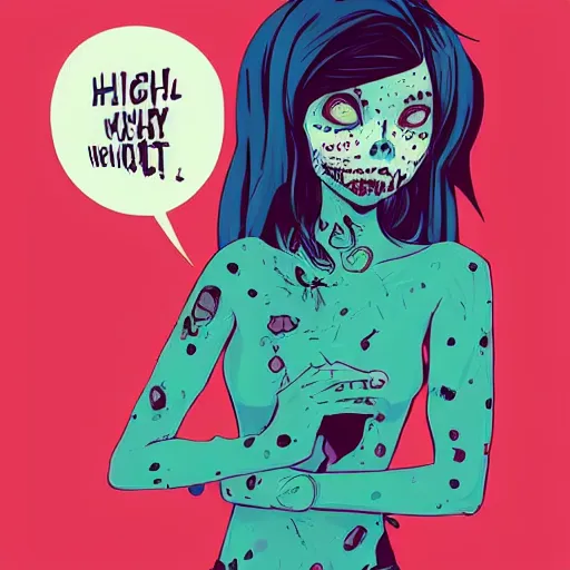 Image similar to Highly detailed portrait of pretty punk zombie young lady with freckles by Atey Ghailan, by Loish, by Bryan Lee O'Malley, by Cliff Chiang, inspired by image comics, inspired by graphic novel cover art, inspired by papergirls !!!mystical color scheme ((gradient grafitti tag brick wall background))