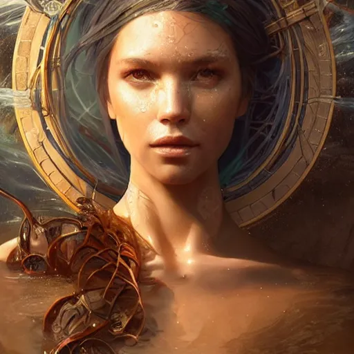 Image similar to a beautiful portrait of a water goddess with transparent skin by Greg Rutkowski and Raymond Swanland, Trending on Artstation, fishes background, ultra realistic digital art