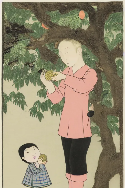 Prompt: portrait of a girl giving a peach to a large anthropomorphic asian black bear, in the style of foujita tsuguharu