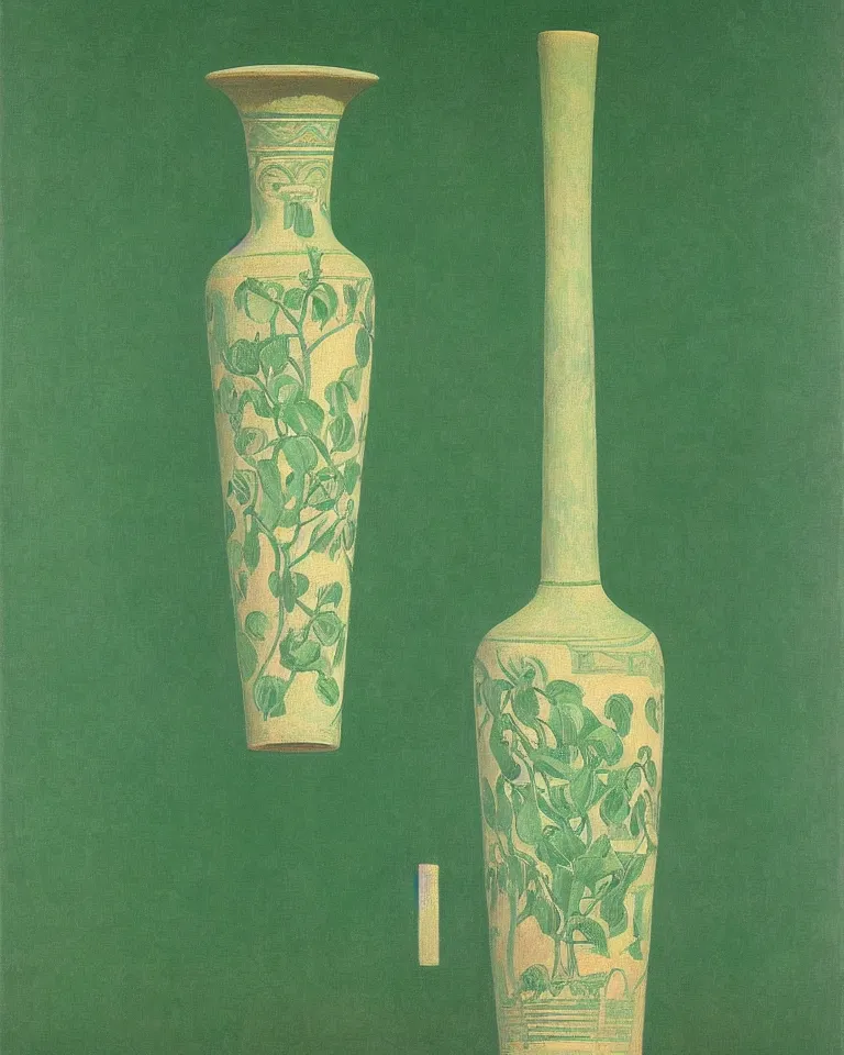 Image similar to achingly beautiful print of intricately painted ancient greek lekythos on a green pastel background by rene magritte, monet, and turner.