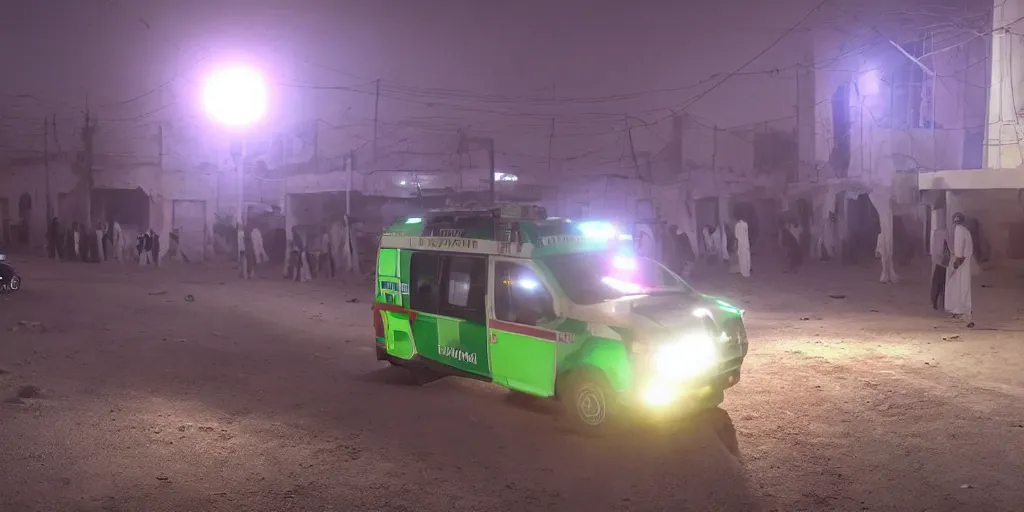 Image similar to arabic ambulance attending emergency in pakistan city, light cinematic, volumetric, realistic, cinematic lighting, hyper realistic