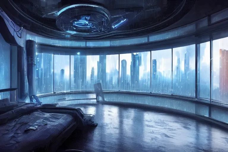 Image similar to a futuristic bedroom with large curved ceiling high windows looking out to a far future cyberpunk cityscape, cyberpunk neon lights, raining, scifi