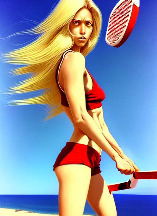 Prompt: , a gorgeous hulking beast of a woman with very long hip-length blonde hair, happy sunny day, wearing a cut-off white top and red dirt cut-off shorts standing by the water, beach tennis, modern architecture, in the style of artgerm and moebius and annie liebovitz, marvel comics, photorealistic, highly detailed, trending on artstation, Gediminas Pranckevicius