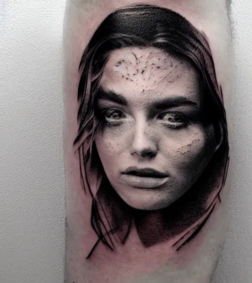 Image similar to double exposure of a hyper realistic mountain scenery with a beautiful woman face, tattoo design sketch, in the style of matteo pasqualin, hyper - realistic, amazing detail, black and white