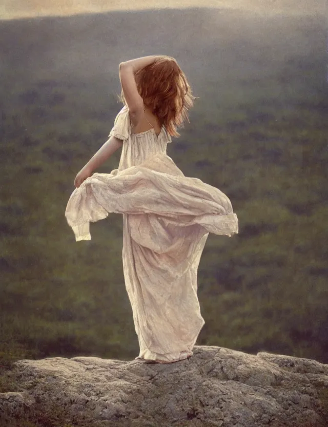 Image similar to peasant barefoot girl with long blowing windy hair standing hands up on the edge of rock, cottage core, cinematic focus, polaroid photo bleached vintage pastel colors high - key lighting, soft lights, foggy, by steve hanks, by lisa yuskavage, by serov valentin, by tarkovsky, 8 k render, detailed, oil on canvas