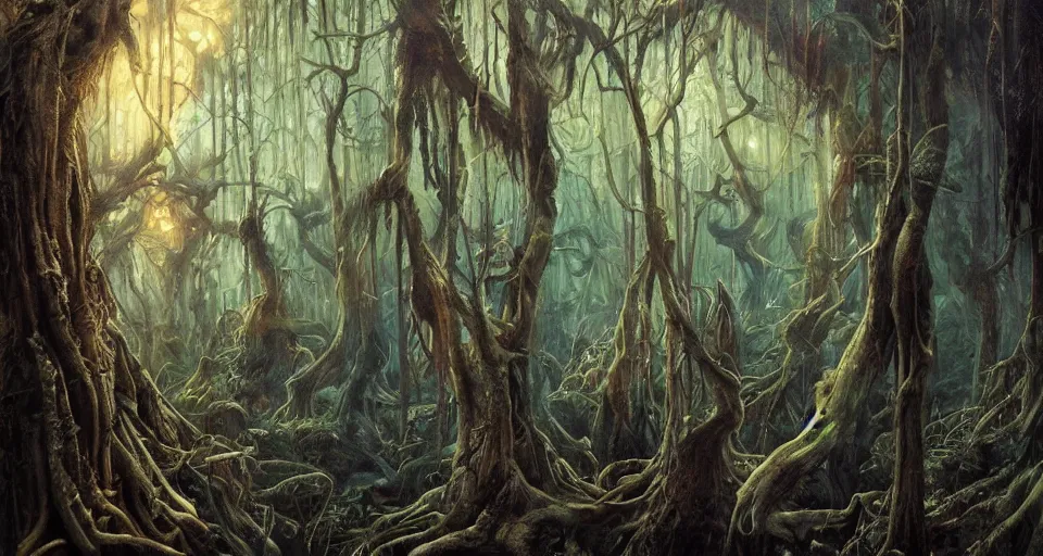 Prompt: A dense and dark enchanted forest with a swamp, by Karol Bak, by Gainax Co,