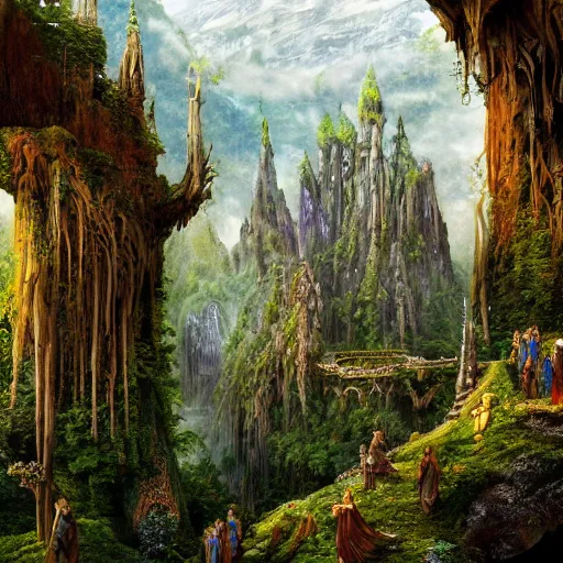 Prompt: a beautiful and highly detailed oil painting of an elven kingdom deep in the lush mountains, tangled wooden structures, stone brick structures, ancient runes, intricate details, epic scale, insanely complex, 8 k, sharp focus, hyper realism, fantasy landscape, psychedelic, by caspar friedrich and brian froud,