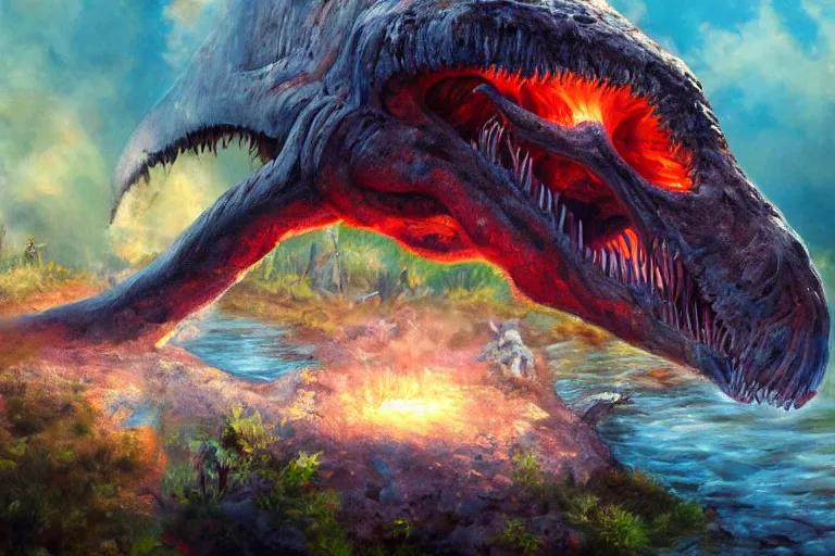 Prompt: highly detailed oil painting of a tyrannosaurus!! ( ( mushroom ) ) in a steaming colorful hotspring, featured on artstation