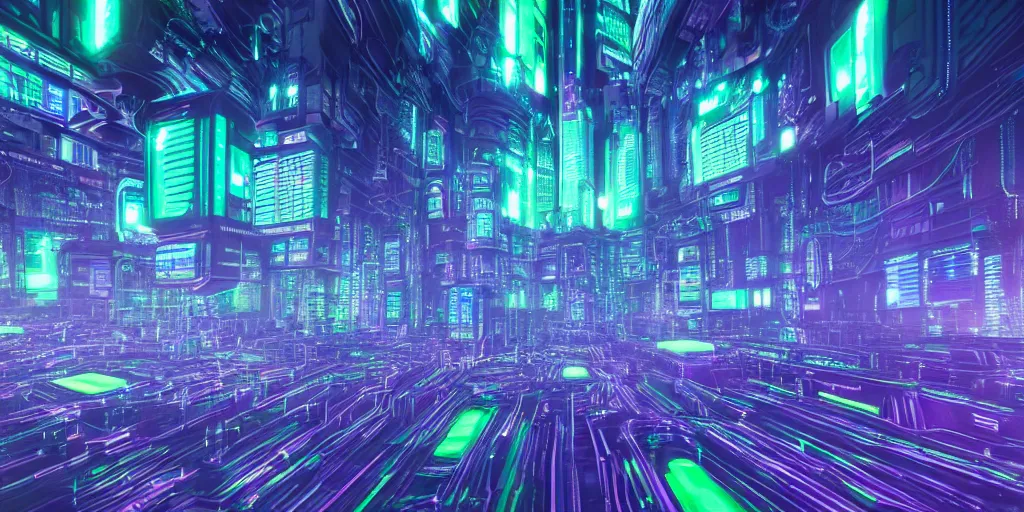 Image similar to a landscape view of a cybernetic cathedral overlooking an higway made of rows of glowing green codes and symbols, cyberpunk, beautiful detailed, cinematic, strong lighting, hi - fructose art magazine, photorealistic, 8 k, gradient cyan to purple