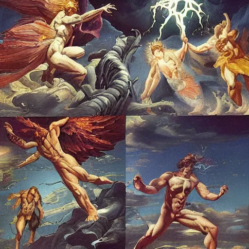 Prompt: zeus throwing down his thunderbolts upon the earth, apocalyptic imagery, anger, nature's cycles, the end and the beginning, renewal, beauty, various angles, various art styles