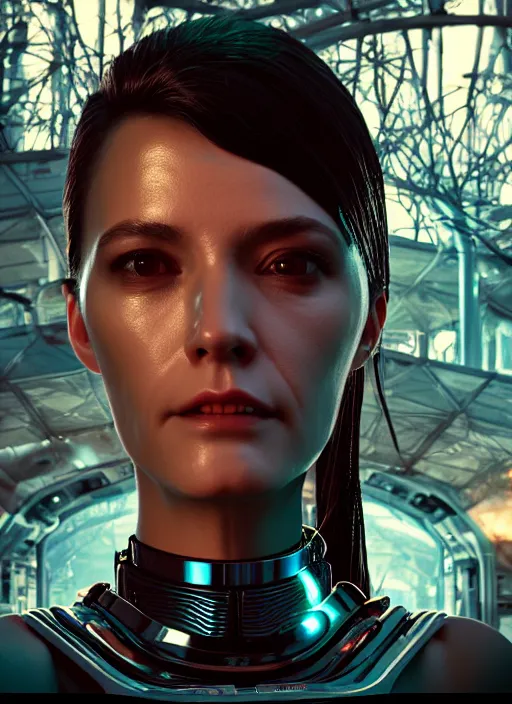 Image similar to 35mm portrait of a sophisticated intricate terminator woman's head on the background of a weird magical mechanical forest .Very detailed 8k. Fantasy cyberpunk horror. Sharp. Unreal 5 render with nanite, global illumination and ray tracing. Cinematic post-processing