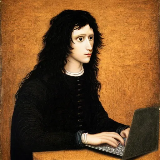 Prompt: portrait of a long shaggy black haired teenager with a black colored sweater with a laptop, full body, renaissance painting, ultra detailed, high resolution, masterpiece