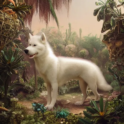 Image similar to white alaskan husky creature in a desert lush oasis, warm tones : by guillermo del toro, daniel merriam, victo ngai and michal karcz : ornate, dynamic, particulate, intricate, elegant, highly detailed, centered, artstation, smooth, sharp focus, octane render