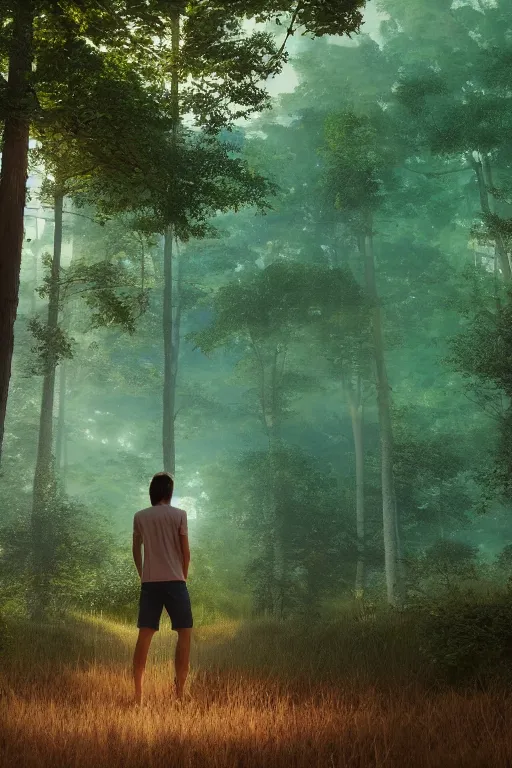 Prompt: young man with wavy back shoulder length hair, plain cotton shorts, back view, trees, detailed forest background, webtoon, breathtaking scenery, colourful, 8 k, graphic novel, digital art trending on artstation, volumetric lighting, octane render, cinematic, hyper detailed, magical atmosphere