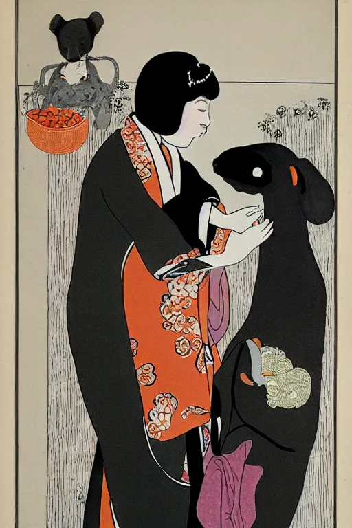 Image similar to portrait of a girl wearing a kimono giving a peach to a large anthropomorphic asian black bear, in the style of aubrey beardsley