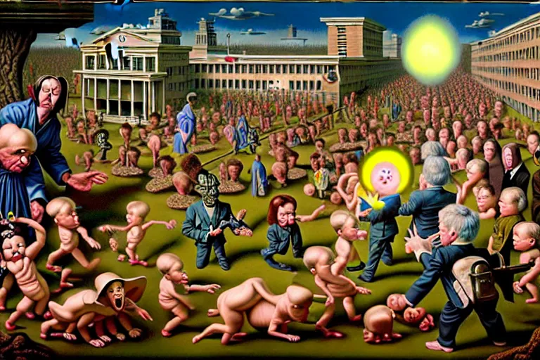 Image similar to a sparsely populated strange battle in an old hospital between old people and babies Robert Williams Mark Ryden and Alex Gross, Todd Schorr highly detailed deep perspective perfect composition