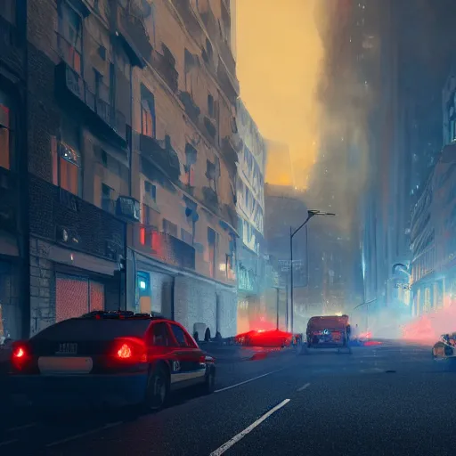 Prompt: wide angle, buildings and city on fire at night, with police and firetrucks on street, stormy blue and red sky mystery mist, police car lights, 4 k highly detailed art, concept art, trending on artstation, alphone mucha, artgerm, greg rutkowski, octane render, cinematic lighting, intricate, sharp focus