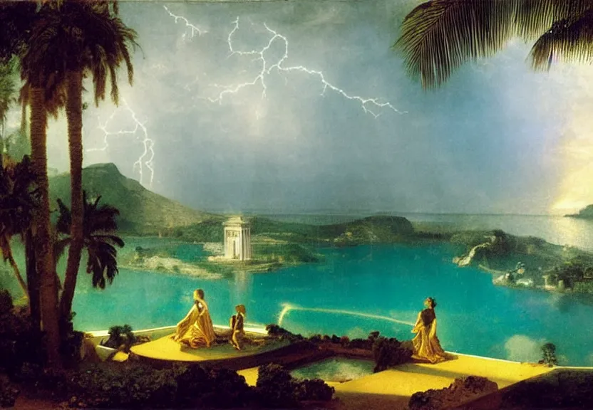 Image similar to Palace floating in the sky, refracted sparkles, thunderstorm, greek pool, beach and palm trees on the background major arcana sky, by paul delaroche, hyperrealistic 4k uhd, award-winning, very very very detailed