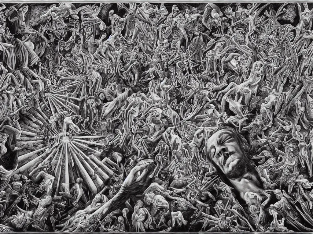 Image similar to meditation on death by Alex Grey and M. C. Escher collaboration