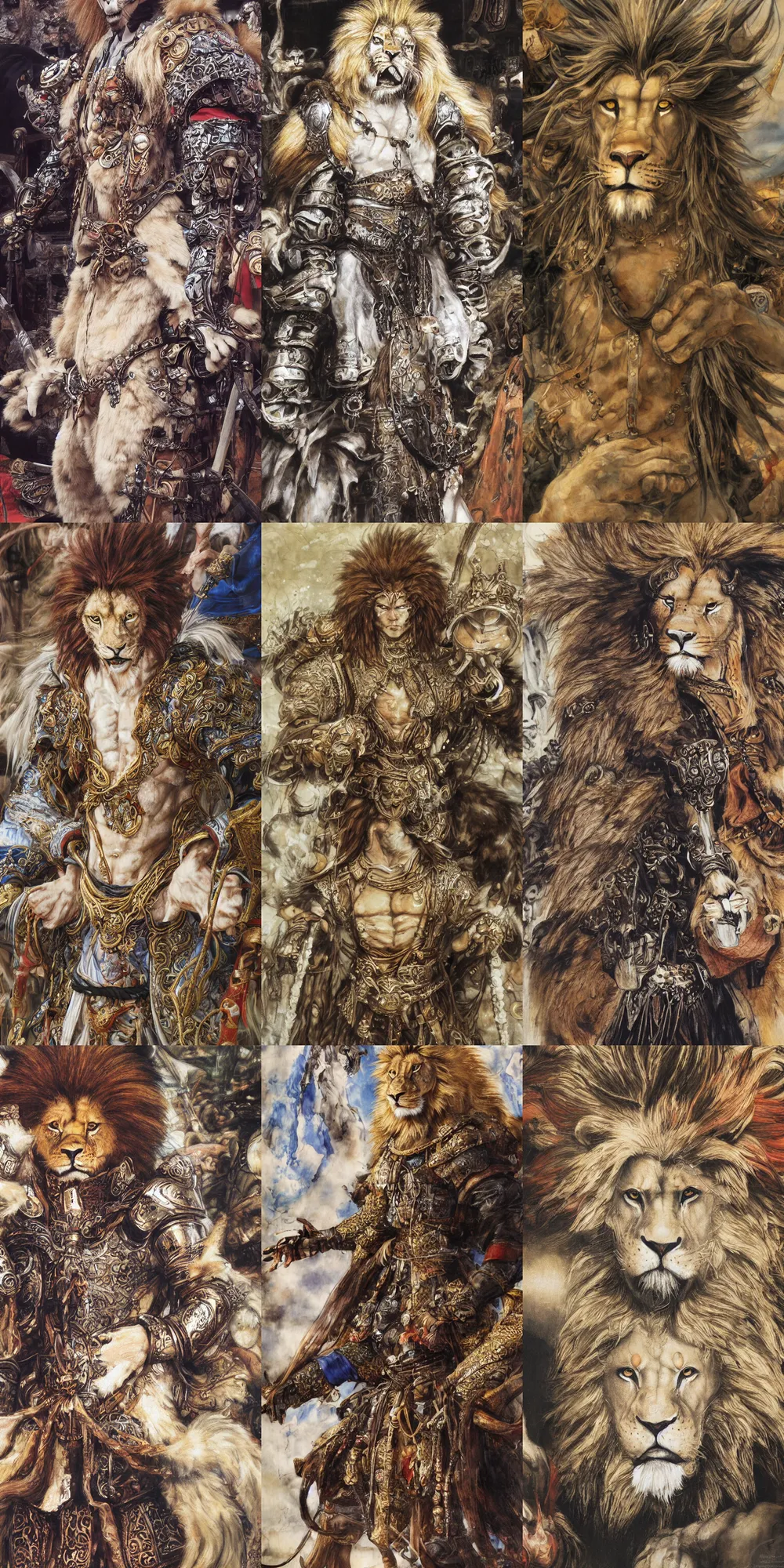 Image similar to 8 k yoshitaka amano painting of upper body of a young cool looking lion beastman with white mane at a medieval market at windy day. depth of field. he is wearing complex fantasy clothing. he has huge paws. renaissance style lighting.