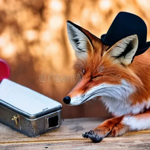 Image similar to a polygamous fox with a hat drinking beer and smoking e - cigarette, stock photo