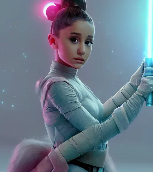 Image similar to A hyper realistic photo of Ariana Grande in the Star Wars universe with two pink lightsabers held in each hand. Maximum detail on artstation, photo realism, vivd details, vivd colour, volumetric lighting