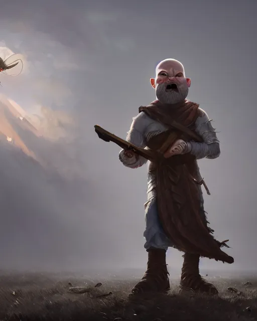 Image similar to bald gnome big white beard, dagger, bomb, running, field, angry, hyper realism, cinematic, volumetric lighting, high detail, octane render, depth of field, dnd, extremely detailed, very sharp, in the style of greg rutkowski