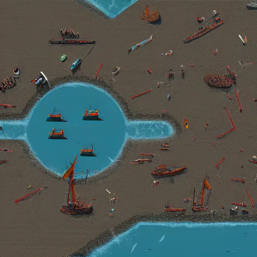 Image similar to birds eye view battle of cape ecnomus, in the style of simon stalenhag