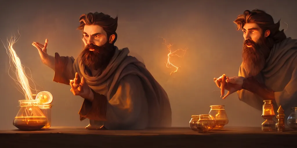 Prompt: a handsome bearded caucasian male sorcerer with brown hair he is casting a spell with flowing energy, he is in a alchemist lab filled with beakers and equipment, neutral pose, waist up, epic composition, 4 k, trending on artstation, in the styles of bo chen and anna podedworna