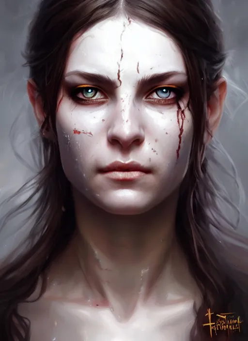 Image similar to a _ fantasy _ style _ portrait _ painting _ of white female with scar under left eye, holy oil _ painting _ unreal _ 5 _ daz. _ rpg _ portrait _ extremely _ detailed _ artgerm _ greg _ rutkowski _ greg