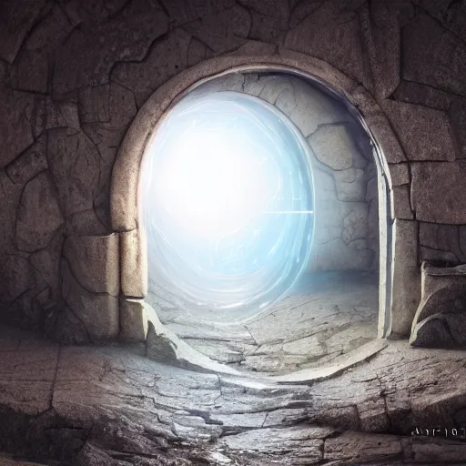 Image similar to realistic photo of an ancient portal to another universe, multiverse, dimension, zbrushcentral, trending on artstation, concept art, hyperrealistic style, creature realistic render, natural volumetric lighting, high resolution, cinematic composition, realistic lighting, realistic reflection, realistic refraction, subsurface scattering