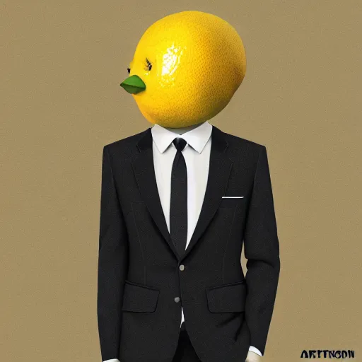 Image similar to A lemon wearing a suit and tie, full body portrait, vintage photo, ultra detailed, creative, dynamic lighting, cinematic, trending on art station