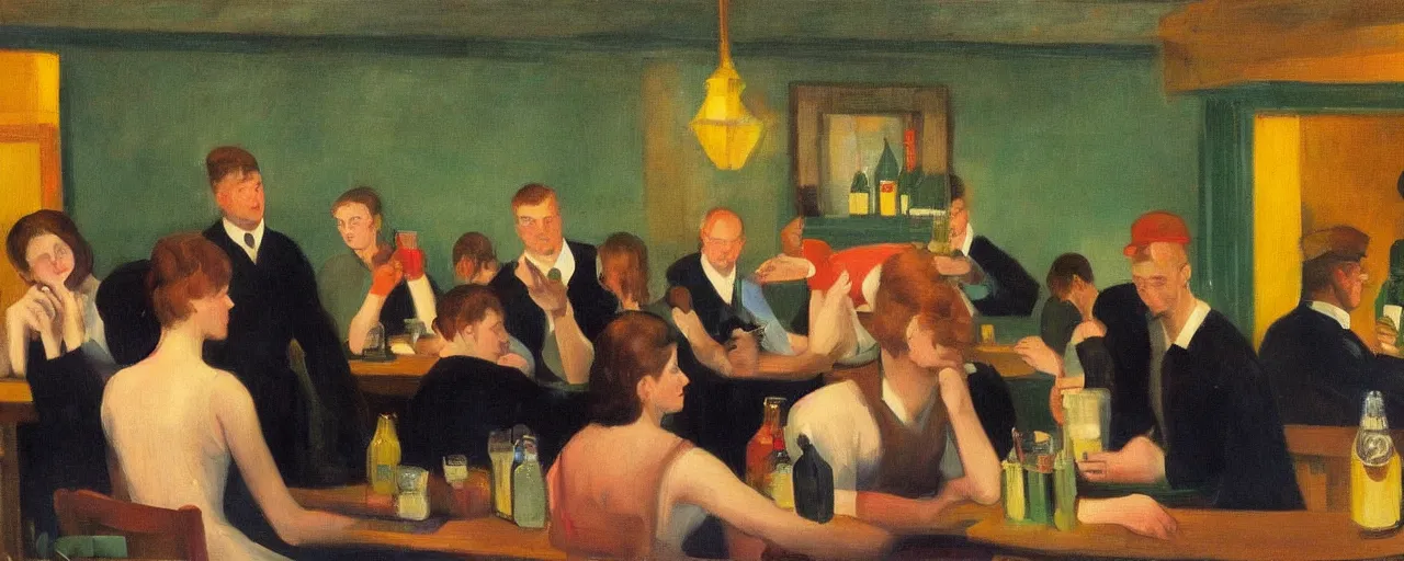 Image similar to a lively group of beer lovers drinking at a pub in the city next to a local park, picture in the style of edward hopper, clear faces