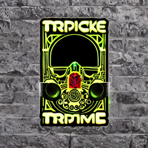 Image similar to sticker of a rock band, name is tripmachine, on the sticker is a 3 d render of a huge futuristic steampunk generator with music instruments, 8 k, fluorescent colors, halluzinogenic, multicolored, exaggerated detailed, silk screen art