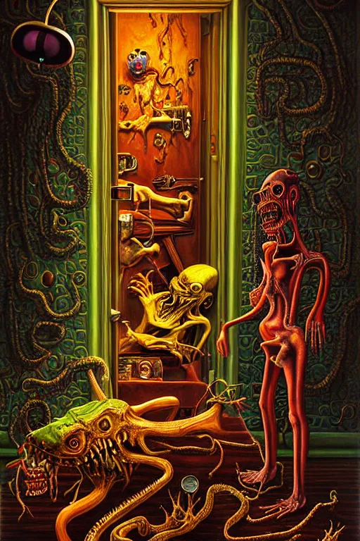 Prompt: a hyperrealistic painting of a lost treasure found being guarded by monstrosity, cinematic horror by jimmy alonzo, the art of skinner, chris cunningham, lisa frank, richard corben, highly detailed, vivid color,