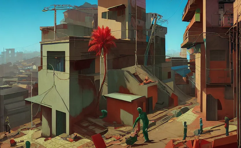 Image similar to Mysteriuos Favela, very coherent, painted by Edward Hopper, Wayne Barlowe, painted by James Gilleard, airbrush, art by JamesJean