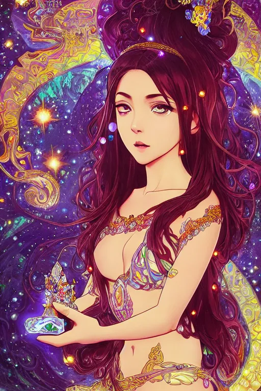 Image similar to psychedelic, intricate, highly detailed, anime, 4k, beautiful seductive woman holding a crystal containing the universe, with professional makeup, long trippy hair, surrounded by gems, underneath the stars, trending on patreon, deviantart, twitter, artstation, volumetric lighting, heavy contrast, by artgerm and Ilya Kuvshinov and alphonse mucha