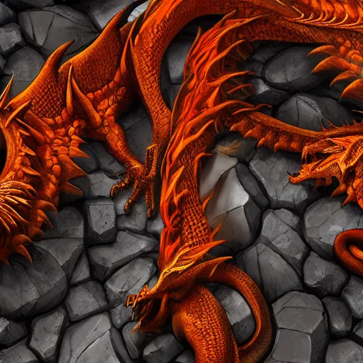 Image similar to dragons made of molten stone rising from the ground, digital art, highly detailed, trending on artstation, dark colours, intricate, intimadting, 8 k