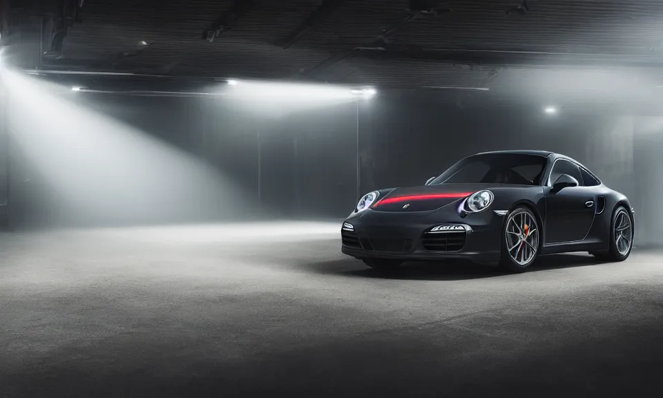 Prompt: photo of a porsche 911 standing in a garage with its headlights turned on, mist, volumetric light, 4k