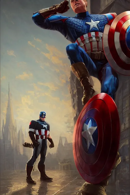 Image similar to a distant cinematic shot of Donald Trump as Captain America, D&D, fantasy, intricate, elegant, highly detailed, digital painting, artstation, concept art, matte, smooth, sharp focus, illustration, art by Artgerm and Greg Rutkowski and Alphonse Mucha, oil painting, 8k, hyper realistic