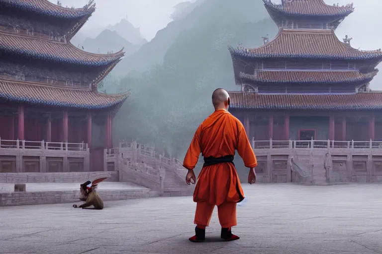 Image similar to A MONKEY dressed as a shaolin monk, standing in front of an ancient chinese palace, cinematic lighting, artstation, greg rutkowski