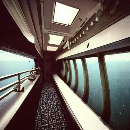 Image similar to “first person view of life aboard a retrofuturistic spaceship. 1980s photography”