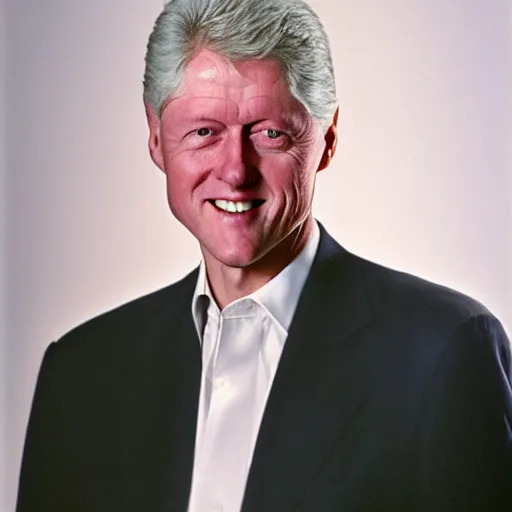 Prompt: dreamy picture of very pale Bill Clinton wearing a white shirt and smiling, upper body picture, photography, portrait