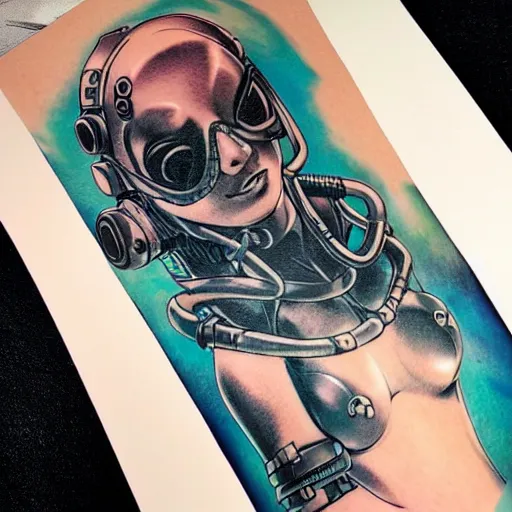 Prompt: cyberpunk underwater diver tattoo design, on white skin, by artgerm