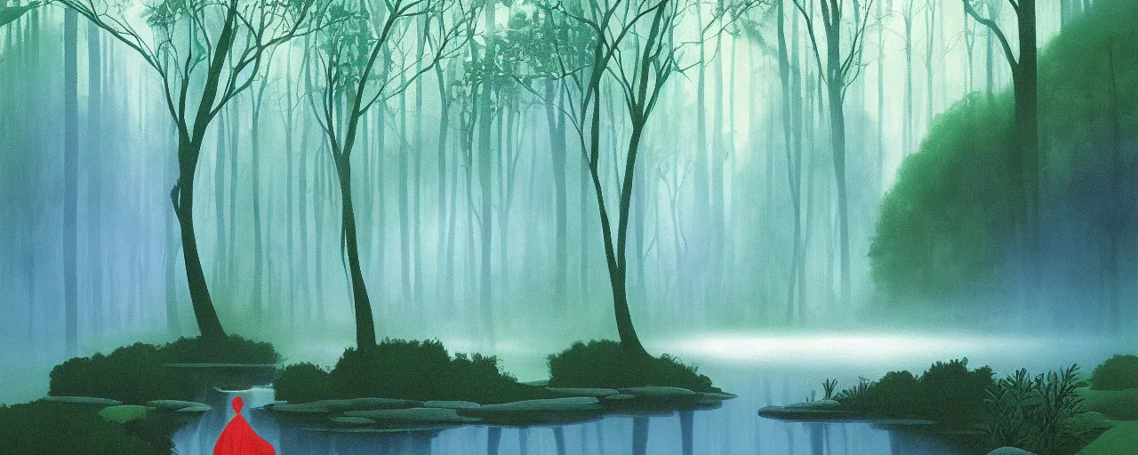 Prompt: deep forest, small rainbow river, light shimmering, water mists, subtle color variantions, summer rain, gentle mists, a white robed benevolent magician clothed in a royal garment in contemplation and meditation casts a benevolent white magic spell, by Eyvind Earle and Mary Blair