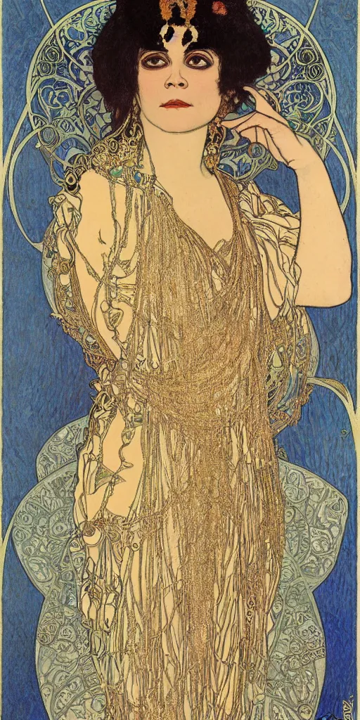 Image similar to realistic detailed Art Nouveau lithograph portrait of Theda Bara as Cleopatra in an elaborate costume by Alphonse Mucha, Gustav Klimt, and Leon Bakst