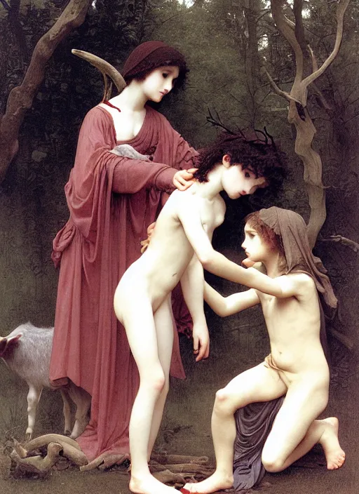 Prompt: boy and girl in pagan clothes performing an occult ritual on a goat in a deep thorns bones bloody forest, by william-adolphe bouguereau and Takato Yamamoto, high resolution