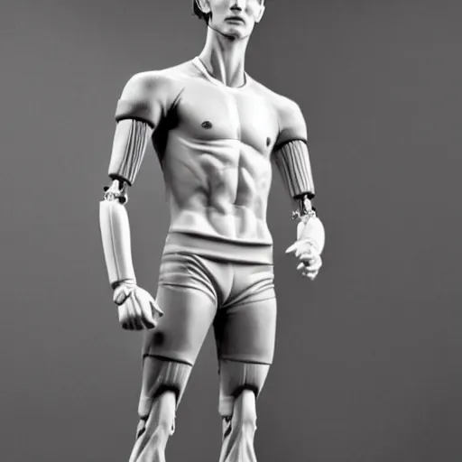 Image similar to a realistic detailed photo of a guy who is an attractive humanoid who is half robot and half humanoid, who is a male android, soccer player martin ødegaard, shiny skin, posing like a statue, blank stare, in a living room, on display, showing off his muscles