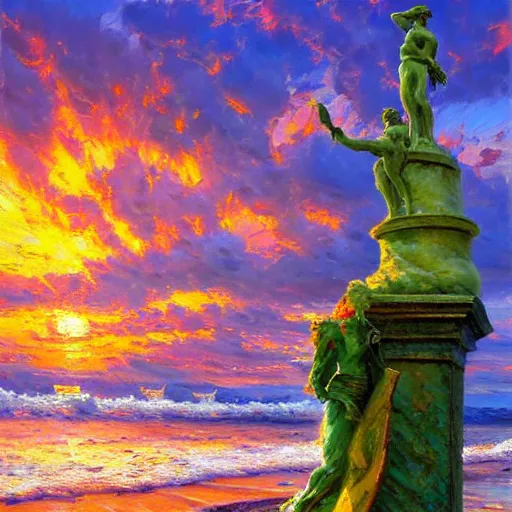 Prompt: acrylic painting, impressionism and expressionism, strong emotional impact, bold pastel colors, expressive brushstrokes. by peter mohrbach and mark keathley. fantasy illustration of the shore of the island of monuments and statues. spectacular sunset. beautiful and vivid trending on artstation hq 8 k contest winner # wow